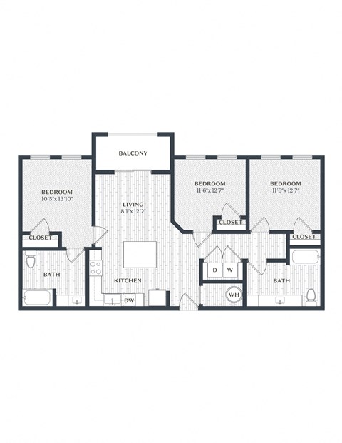 Floor plan for 3 beds, 2 baths, 1170 sqft